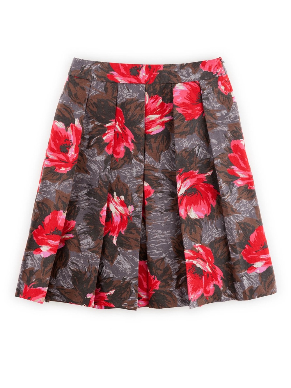 Boden Sophia Skirt | Floral Pleated Full A-Line Skirt in Red, Pink, Gray & Brown